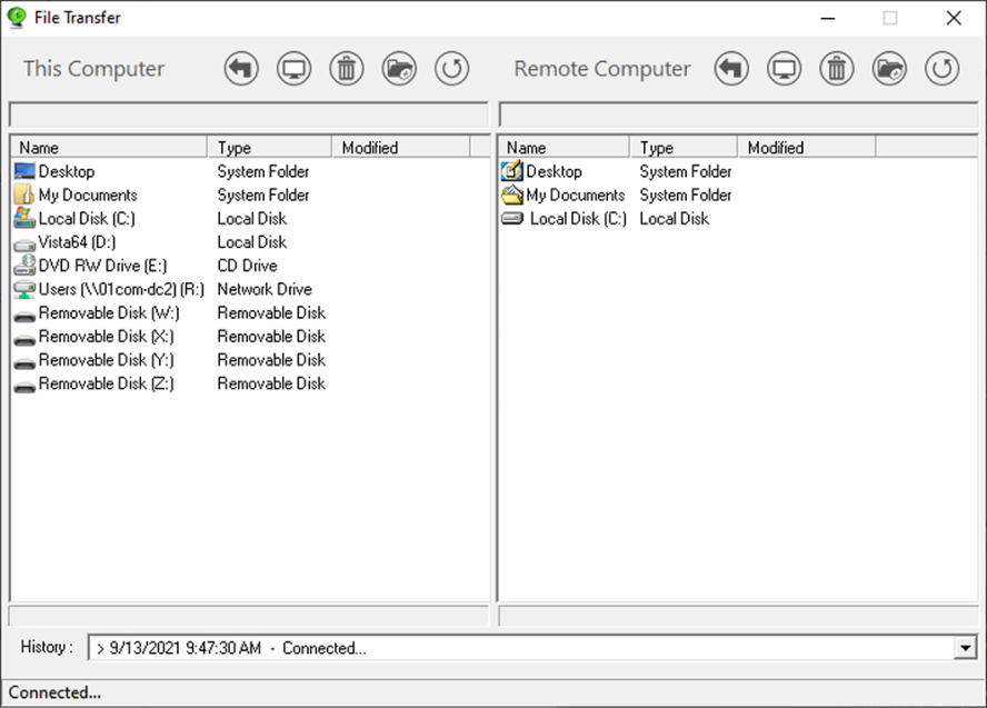 Screen showing files from both local and remote computers